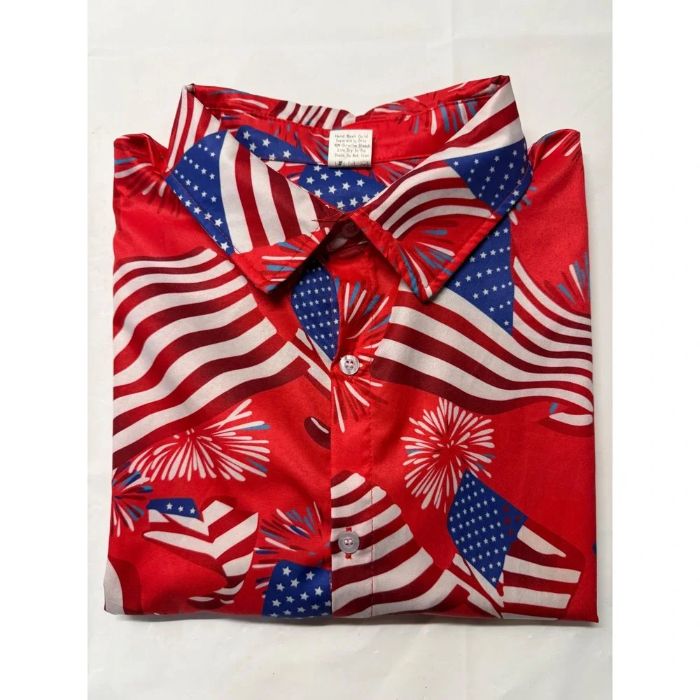 Mens American Flag Fireworks Button Down Shirt Red Patriotic 4th of July XXL - Picture 1 of 8